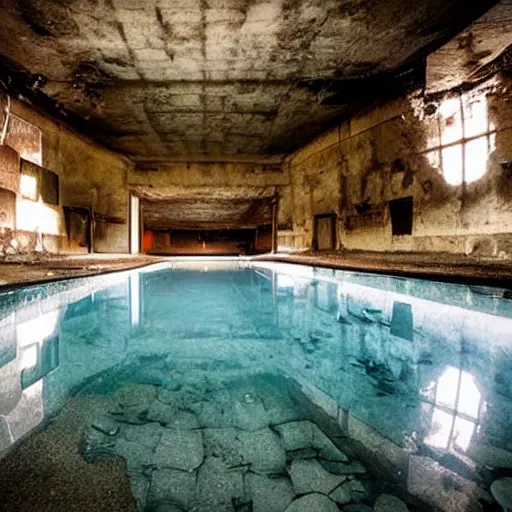 KREA - Creepy, Eerie photo of a liminal space room with large pool filled  with water, backrooms, 4K