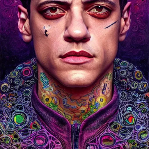 Image similar to portrait of rami malek, hyper detailed masterpiece, neon floral pattern, jean giraud, digital art painting, darkwave goth aesthetic, psychedelic, artgerm, donato giancola and tom bagshaw