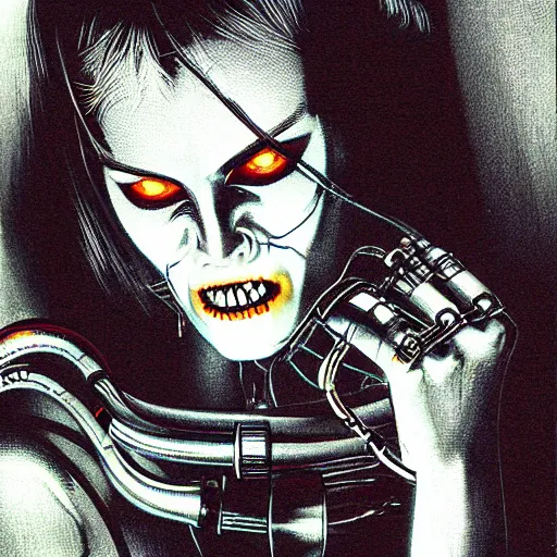 Image similar to a terrifying cybernetic woman, wires for hair, glowing eyes, razor sharp teeth, horror, computers, studio lighting, 8 5 mm f / 1. 8, cyberpunk, art by, masterpiece, trending, highly detailed, realistic, by basil gogos, by bernie wrightson, by graham ingels