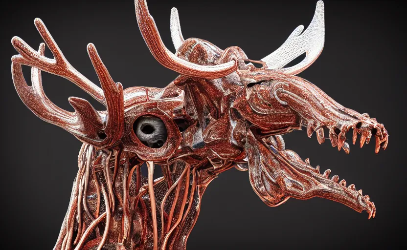 Image similar to stylized shiny polished silver statue full body bizarre cosmic horror quadruped animal moose deer skull four legs made of slug creature tendrils, perfect symmetrical body, perfect symmetrical face, hyper realistic, hyper detailed, by johannen voss, by michelangelo, octane render, blender, 8 k, displayed in pure white studio room anatomical deep red arteries veins flesh