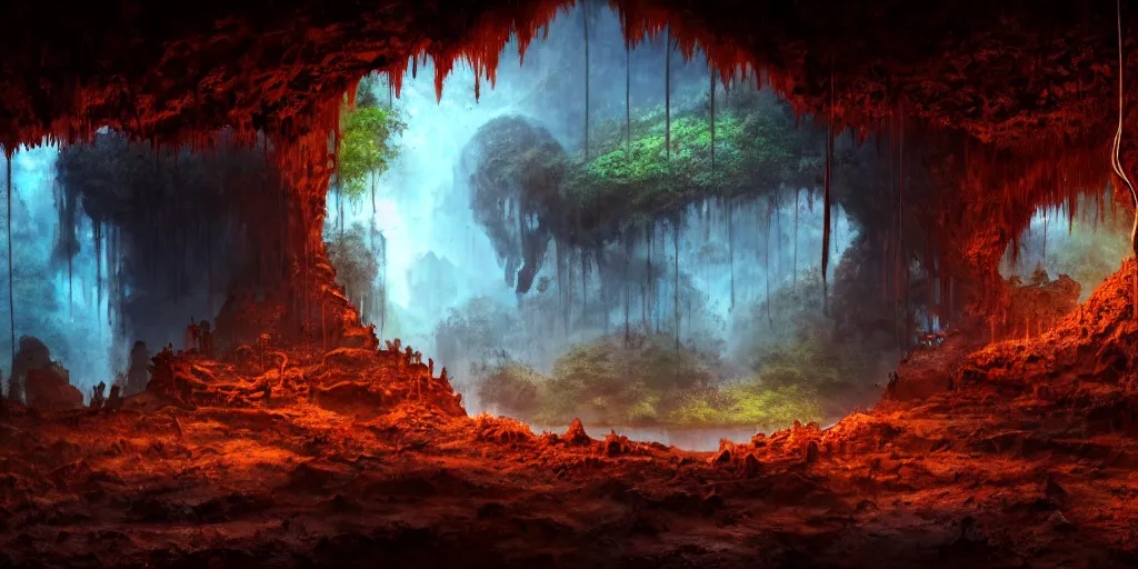 Image similar to a rusted cave mouth in the jungle, retrofutistic matte oil painting, science fantasy, chrome, salt, rpg, epic, extremely detailed, sharp focus, 4 k