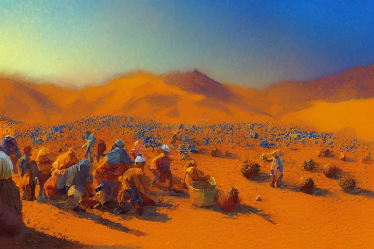 Image similar to detailed digital painting of a crowd of jews in the desert harvesting manna, yellow orange and blue color scheme, by craig mullins and ross trann