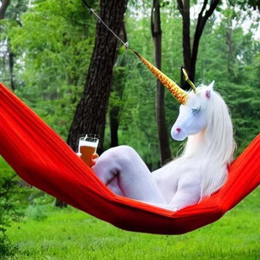 Prompt: a unicorn in a hammock drinking a beer