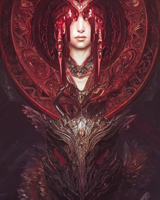 Image similar to Portrait of a Fantasy crimson knight, moonlit, HD, illustration, epic, D&D, fantasy, intricate, elegant, highly detailed, digital painting, artstation, concept art, smooth, sharp focus, illustration, art by artgerm and greg rutkowski and alphonse mucha, monster hunter illustrations art book