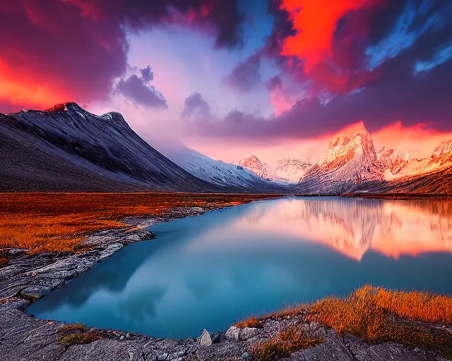Prompt: landscape photography by marc adamus, glacial lake, sunset, dramatic lighting, mountains, clouds, beautiful