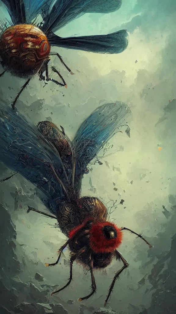 Prompt: painting of a beautiful rendition of the mythical beelzebub, the fly king, illustration, artistic, colorful, hyper detailed, in the style of greg rutkowski,