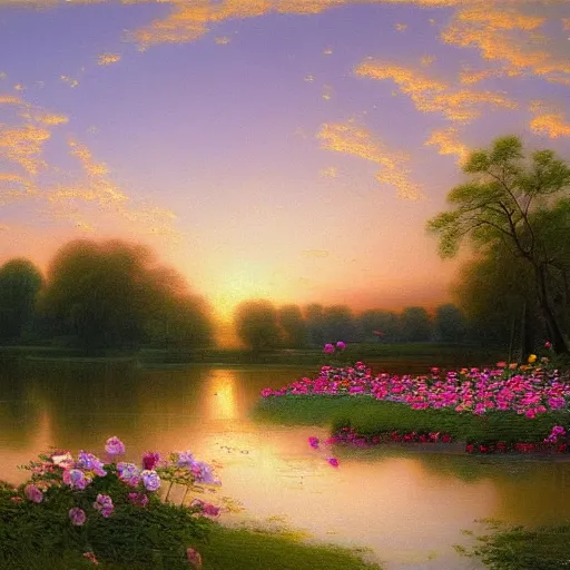 Image similar to a painting of a duck pond at sunset, surrounded by flower bushes, a detailed matte painting by Robert S. Duncanson, deviantart, hudson river school, terragen, pink clouds, pastel sky, trending on artstation