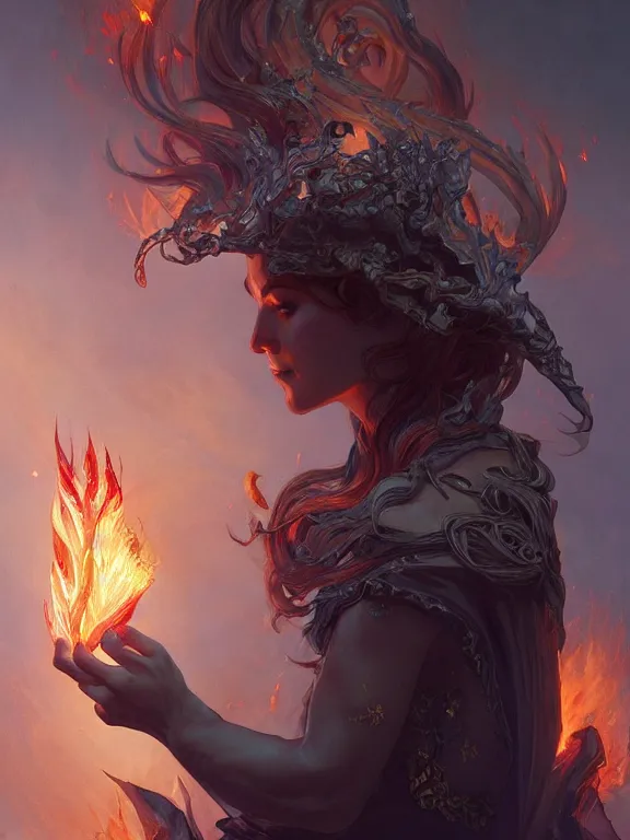 Prompt: summoner with a fire elemental, fantasy, intricate, elegant, highly detailed, digital painting, artstation, concept art, wallpaper, smooth, sharp focus, illustration, art by artgerm and greg rutkowski and alphonse mucha