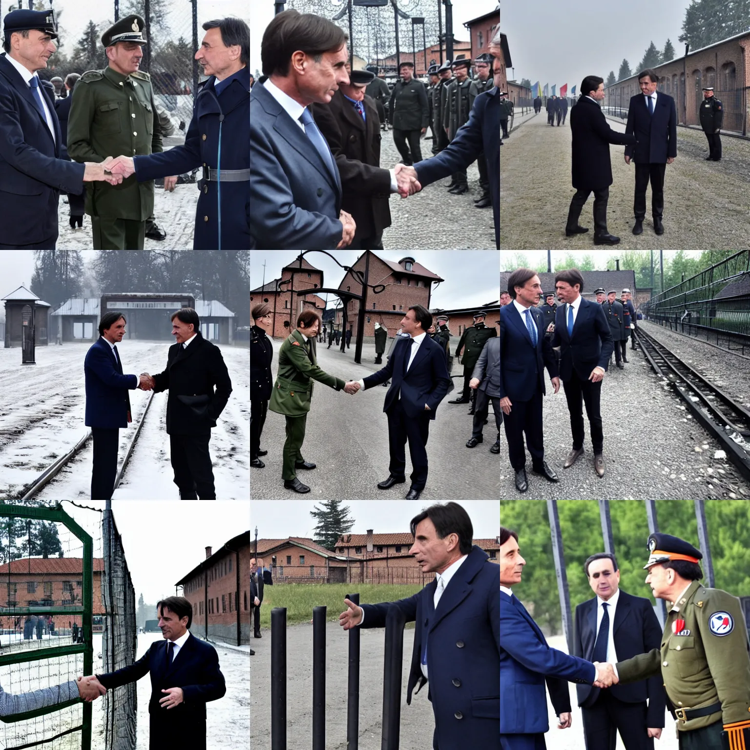 Prompt: giuseppe conte in front of auschwitz gate, giuseppe conte meets hitler and shakes his hand in front of arbreit macht frei gate concentration field