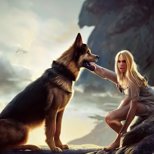 Image similar to epic action shot of beautiful scandinavian woman with symmetrical face stunning eyes and long blonde hair playing with german shephard dog, weta disney pixar, hi - fructose, decadent highly - detailed digital painting, golden ratio, octane render, artstation, cinematic composition, smooth, sharp focus, artgerm, mucha, loish, wlop hdr