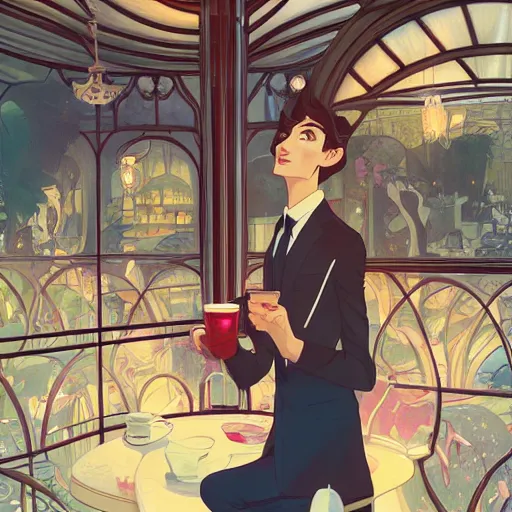 Image similar to a weasel in a suit was drinking tea, surrounded by tea houses ambient lighting, 4 k, lois van baarle, ilya kuvshinov, rossdraws, alphonse mucha, jung gi kim, artstation