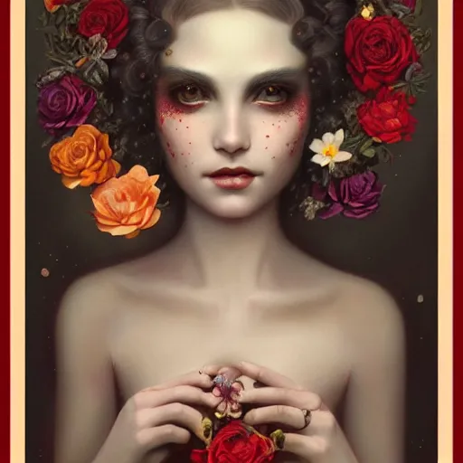 Prompt: tom bagshaw, soft painting of a curiosities carnival, beautiful young aristocrat blessing flowers in full dress, perfectly detailed, symmetrical intricate sensual features, highly detailed, artstation, sharp focus