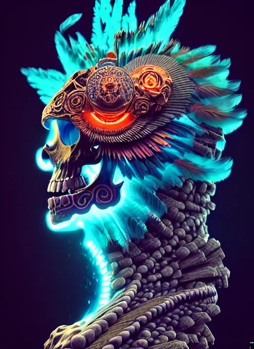 Image similar to 3 d shaman with tattoos profile portrait, sigma 5 0 0 mm f / 5. beautiful intricate highly detailed quetzalcoatl skull and feathers. bioluminescent, plasma, lava, ice, water, wind, creature, thunderstorm! artwork by tooth wu and wlop and beeple and greg rutkowski, 8 k trending on artstation,