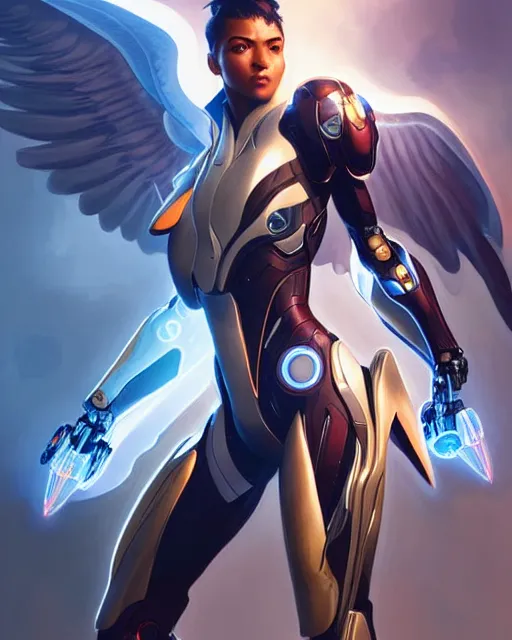 Prompt: Beautiful female, marvel's falcon mecha suit, portrait, with wings, rays of light, fantasy, intricate triangular designs, elegant, highly detailed, sharp focus, art by Artgerm and Greg Rutkowski and WLOP