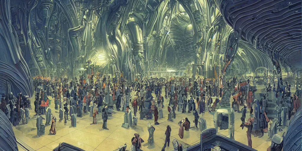 Prompt: a cinematic shot of the interior of a sci - fi space station with ornate elven architecture bustling with people by jean giraud moebius, crystalline, emerald, detailed matte illustration by moebius, clean lines, sharp focus