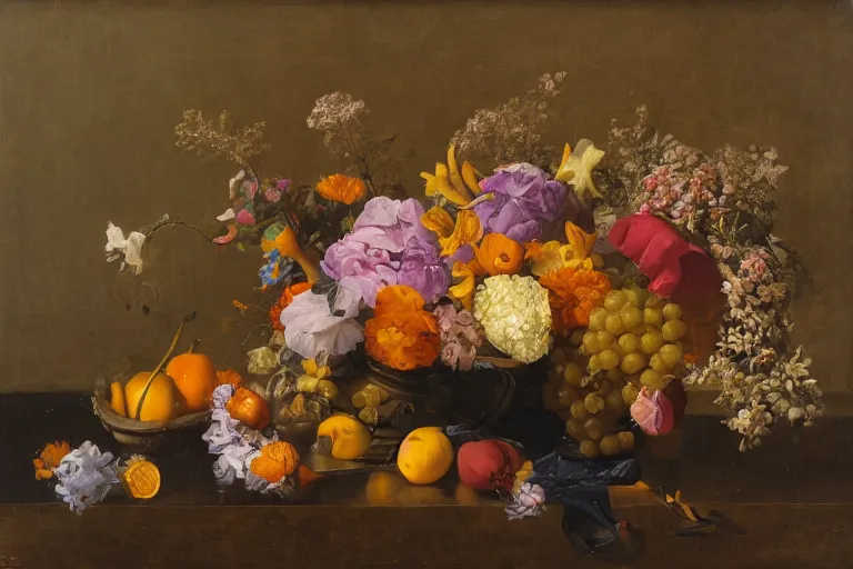 Image similar to underwater still life with flowers and fruit in the style of the dutch masters, dark and moody