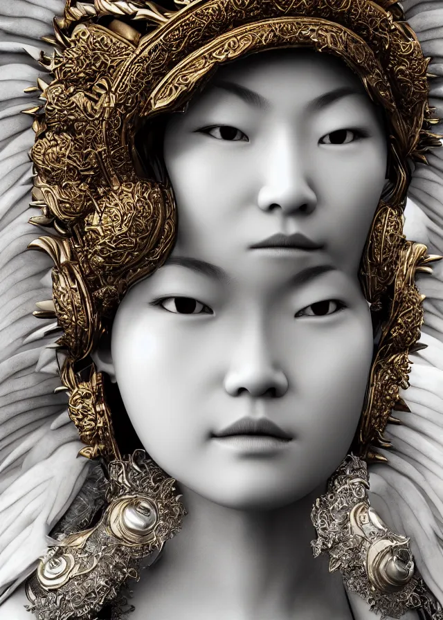 Image similar to hyper realistic portrait photo of ameterasu the sun goddess of japan, portrait shot, porcelain white face, intricate detail, octane render