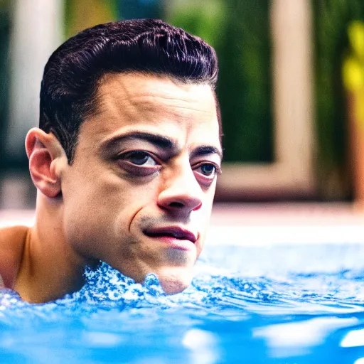 Image similar to rami malek diving in a pool, 3 5 mm lens, photography, depth of field, 8 k,