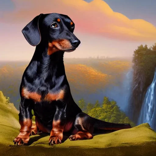 Prompt: black swith some brown fur dachshund sitting on top of a hill, waterfall in background, matte painting, cartoon, historical painting, framed, golden hour