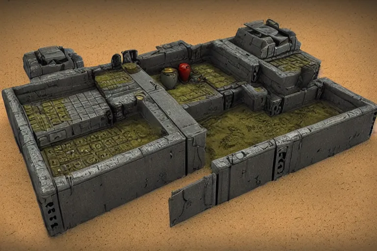 Image similar to 40k Tau empire bunker. Tao coalition. Greater good gromdark bunker. 3d printable wargaming terrain. High resolution render. CGSociety.