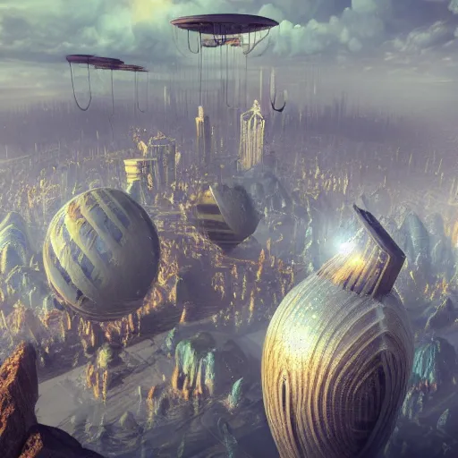 Image similar to enormous flying city in a faberge egg, sky, steampunk, fantasy art, masterpiece, hugh ferriss, octane render, peder balke