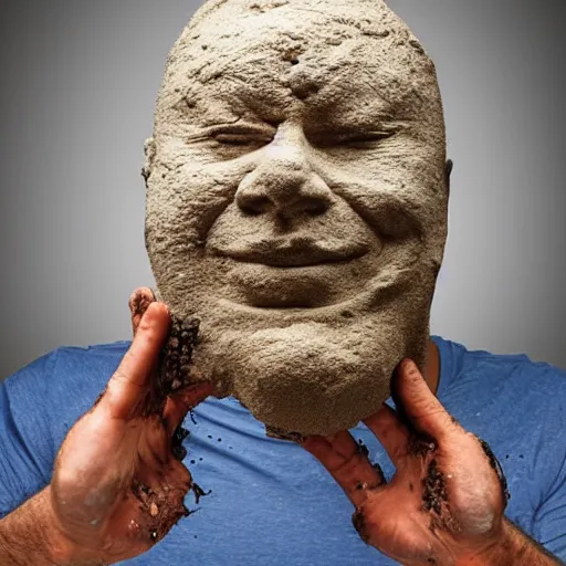 Image similar to a pile of extremely wet and barely moldable clay has been squished into the form of a human face, the artist is squishing his work in his hands, and the clay is looking hilarious like a face being squished