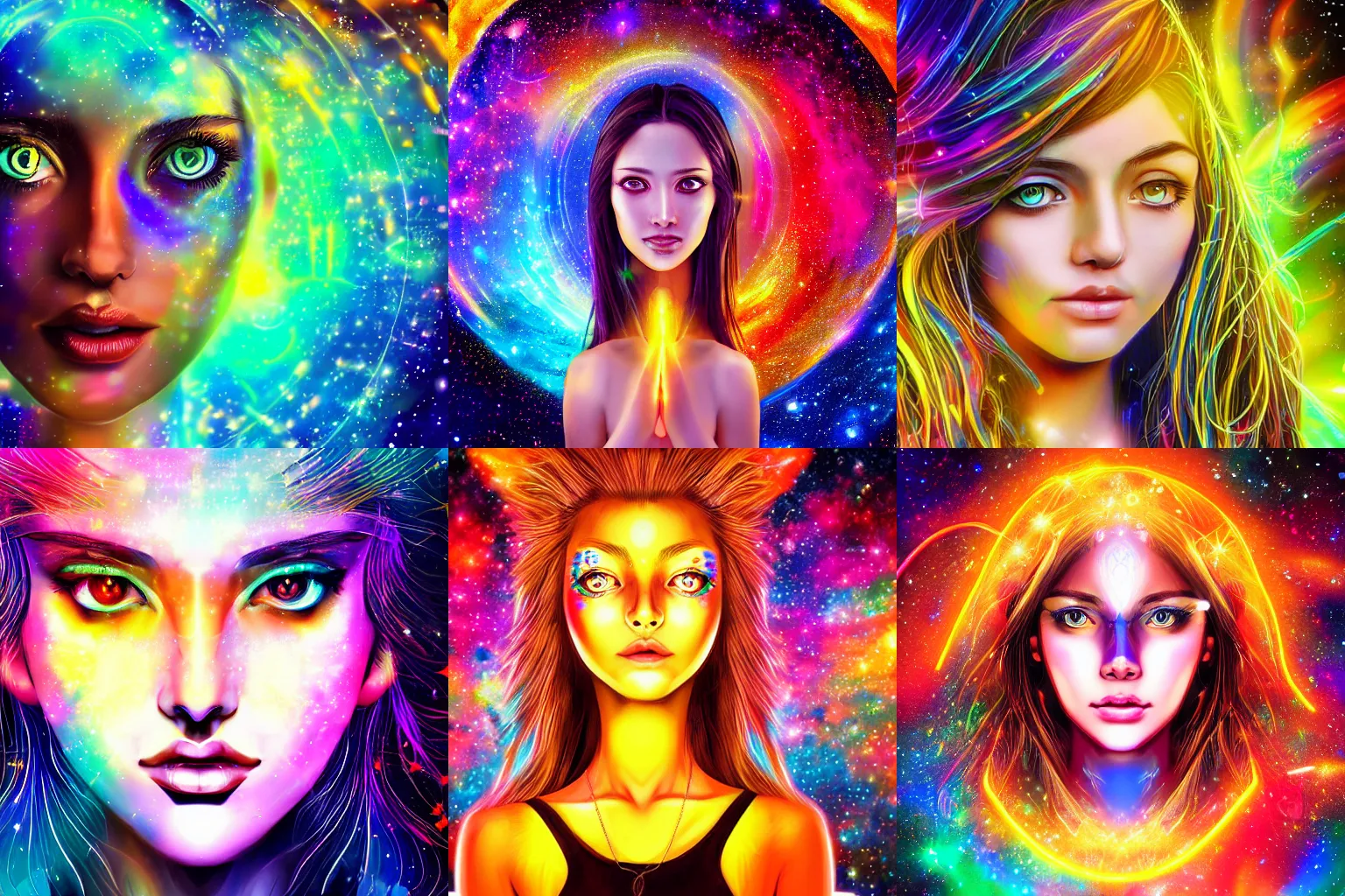 Prompt: a beautiful colorful digital head and shoulders potrait of an attractive girl with hypnotic detailed golden voilet glowing eyes and open third eye spiritual art, space background, breathtaking stars, hyperrealistic, 4k, detailed, hyper realistic anime art