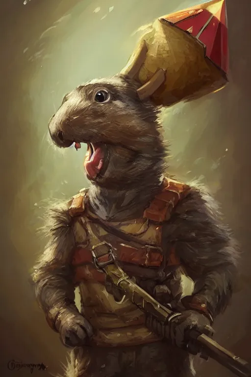 Image similar to cute little anthropomorphic Guinea Pig Soldier wielding a rocket launcher, tiny, small, short, pixelated army camouflage, cute and adorable, pretty, beautiful, DnD character art portrait, matte fantasy painting, DeviantArt Artstation, by Jason Felix by Steve Argyle by Tyler Jacobson by Peter Mohrbacher, cinematic lighting