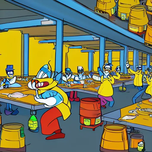 Prompt: a warehouse lunchroom occupied by hi-vis wearing worker bees eating honey and laughing merrily. 4K Detail. Looney Tunes style cell-shading artstyle.