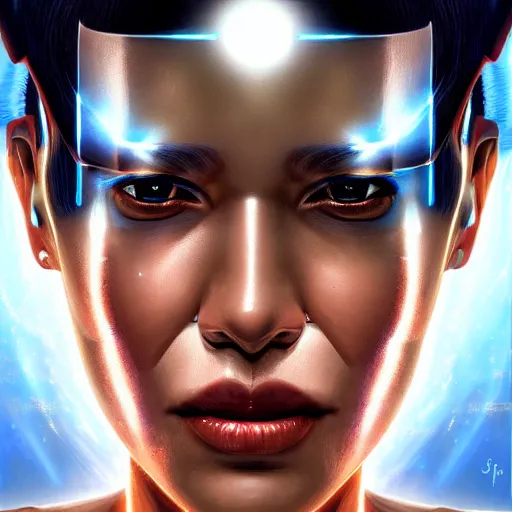 Image similar to cyborg sweating, big drops of sweat, forehead only, by Hajime Sorayama, airbrush art, beautiful face, highly realistic, star flares, trending on artstation, beautiful lighting, sharp, details, hyper-detailed, HD, HDR, 4K, 8K