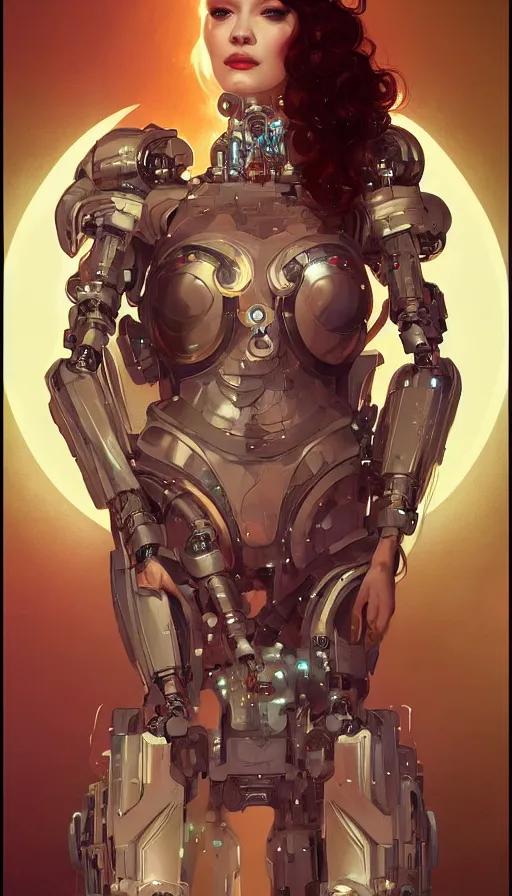 Prompt: portrait of christina hendricks as a robot, cyberpunk machine, machine face, robed, upper half portrait, decorated, intricate intense elegant highly detailed digital painting artstation concept art smooth sharp focus illustration, art by artgerm and greg rutkowski alphonse mucha 8 k