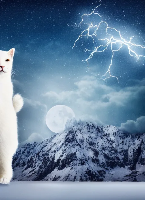 Prompt: giant white cat on a snowy mountain with lightning coming out of its hands, blue sky background with moon