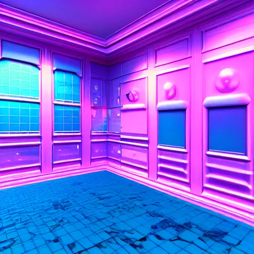 Prompt: vaporwave 9 0 s surreal room, highly detailed, 3 d render, vray, octane, realistic lighting, photorealistic