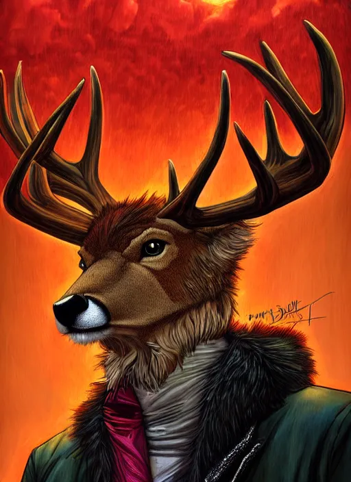 Prompt: aesthetic portrait commission of a of a male fully furry anthro deer with a tail and a beautiful attractive hyperdetailed face wearing wearing a outfit in a sci - fi dystopian city at golden hour while it storms in the background. character design by dayer, diego 5, detailed, inked, western comic book art, award winning film poster painting