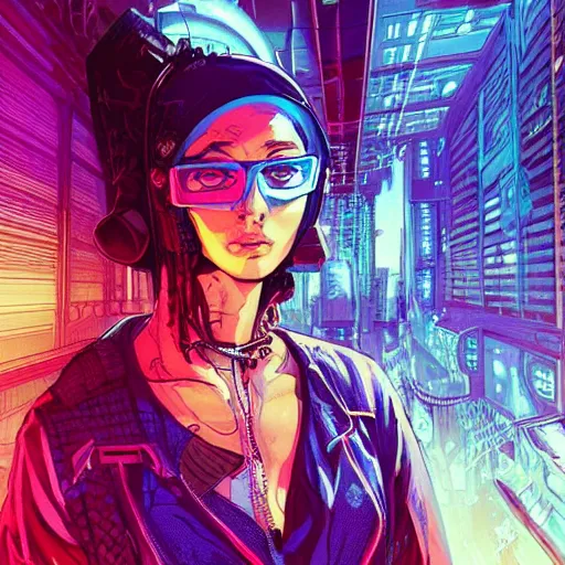 Prompt: a gorgeous cyberpunk hacker, centered in the frame, cyberpunk concept art by Jean Giraud and josan gonzales, digital art, highly detailed, intricate, sci-fi, sharp focus, Trending on Artstation HQ, deviantart, 4K UHD image