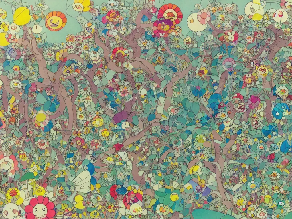 Image similar to colorful blueprint sideview of a fairytale forest, illustration, concept art, colorful, beautiful, studio ghibli, takashi murakami, alfons mucha, manga, cute and adorable