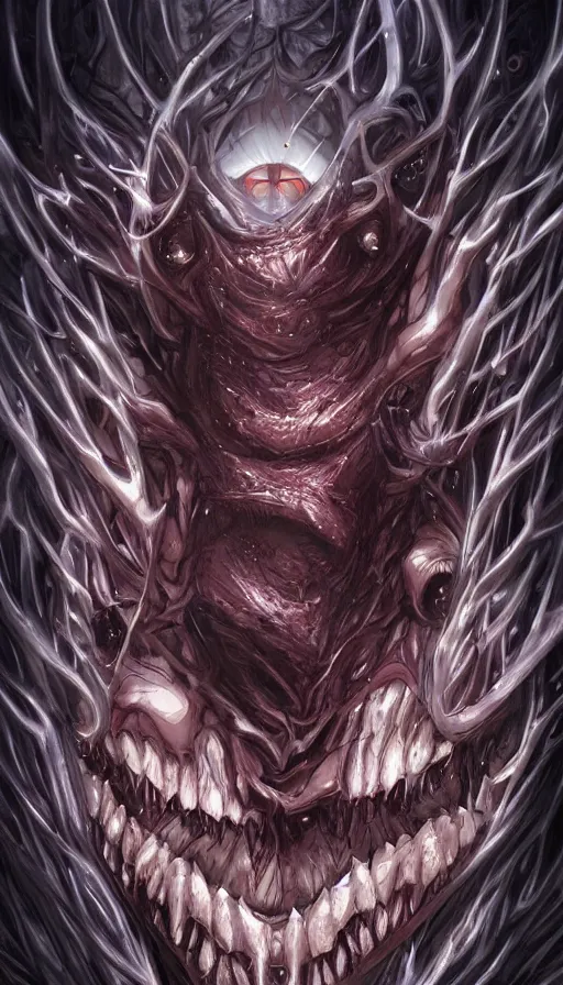 Image similar to a storm vortex made of many demonic eyes and teeth, by artgerm