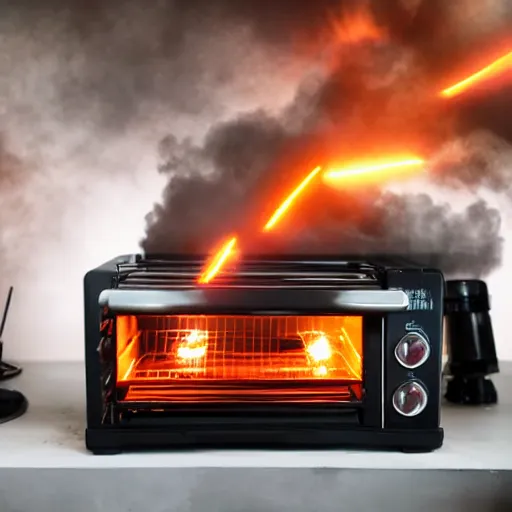 Image similar to toaster oven mecha head, dark messy smoke - filled cluttered workshop, dark, dramatic lighting, orange tint, sparks, cinematic, highly detailed, sci - fi, futuristic, movie still