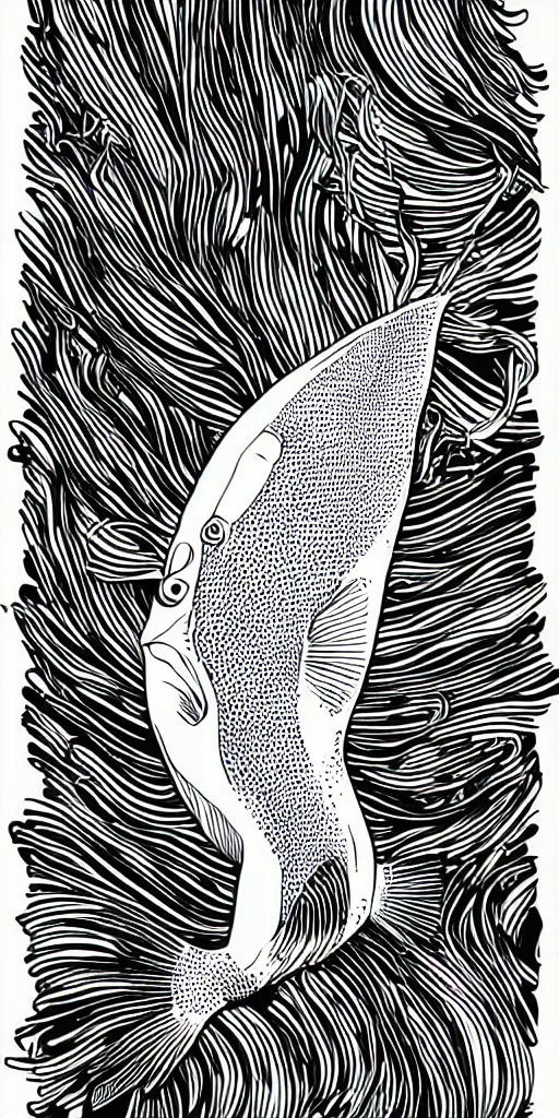 Prompt: illustration vector fine line art of a white fish on a full black background