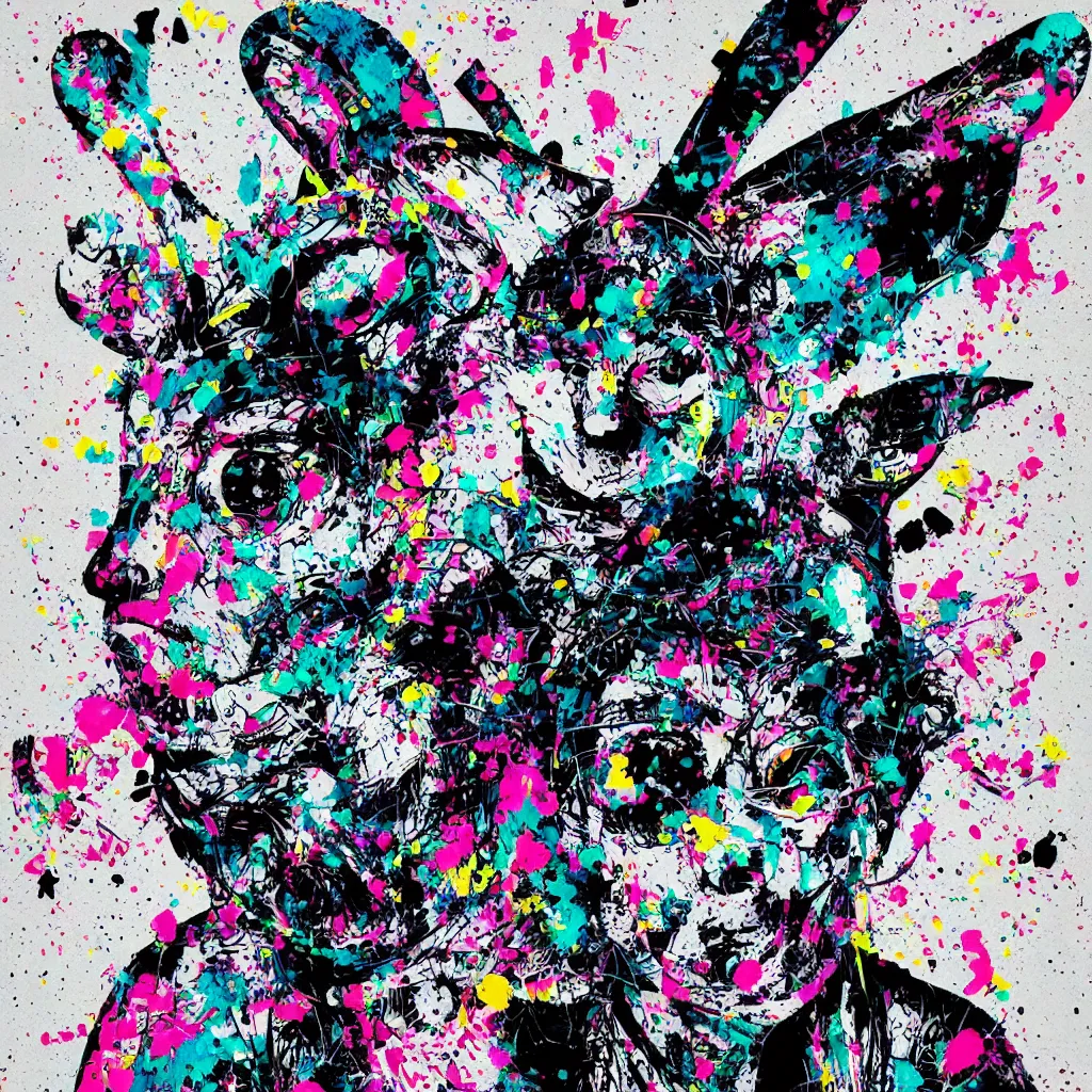 Image similar to person wearing bunny ear hat, abstract, jet set radio artwork, ryuta ueda artwork, cryptic, rips, spots, asymmetry, stipple, lines, glitches, color tearing, pitch bending, stripes, dark, ominous, eerie, hearts, minimal, points, technical, natsumi mukai artwrok, folds