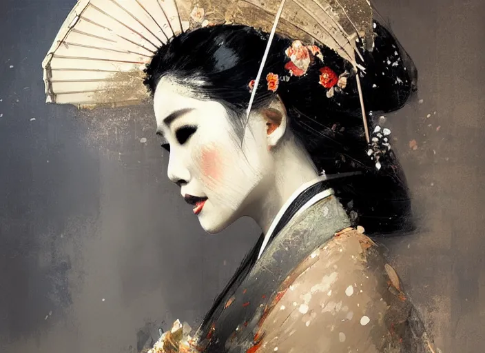 Image similar to female geisha girl, beautiful face, intricate outfit, spotlight, by greg rutkowski, by jeremy mann, digital painting