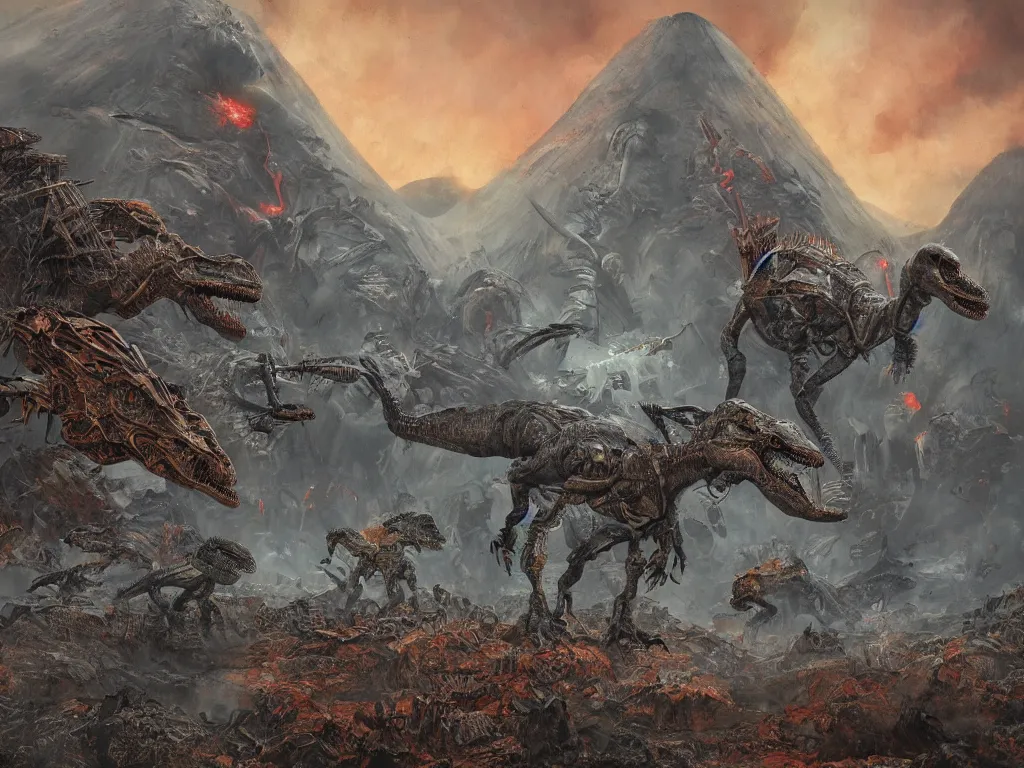 Prompt: A hyperrealistic illustration of a cyborg dinosaur battle in a strange landscape with volcanoes and smoke, by Enki Bilal, Anato Finnstark, award-winning, masterpiece, extreme detail, sharp focus