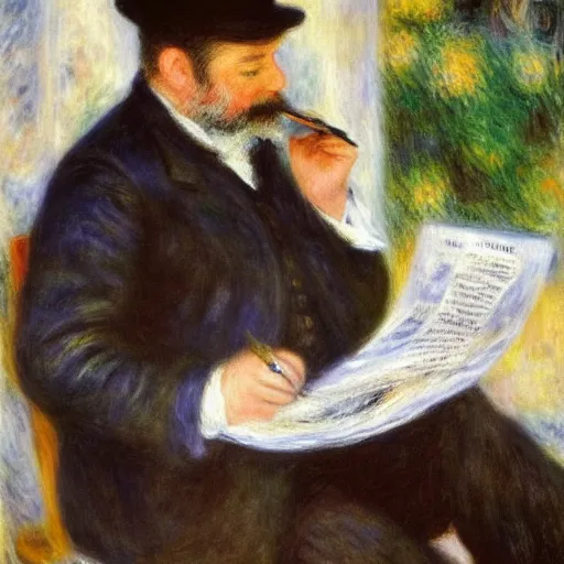 Image similar to Pierre-Auguste Renoir - Painting of Claude Monet while reading a newspaper and smoking pipe