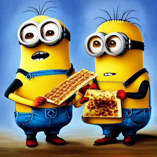 Image similar to painting of minions eating matzah, colorful background, trending on artstation