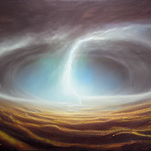 Image similar to a big stormy wormhole opens over a calm field in summer, award-winning, trending on artstation, oil on canvas, masterpiece