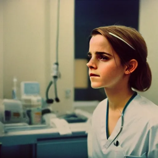 Image similar to emma watson, nurse scrubs, hospital, overwhelmed, award winning, kodak ektachrome expired blue tint,