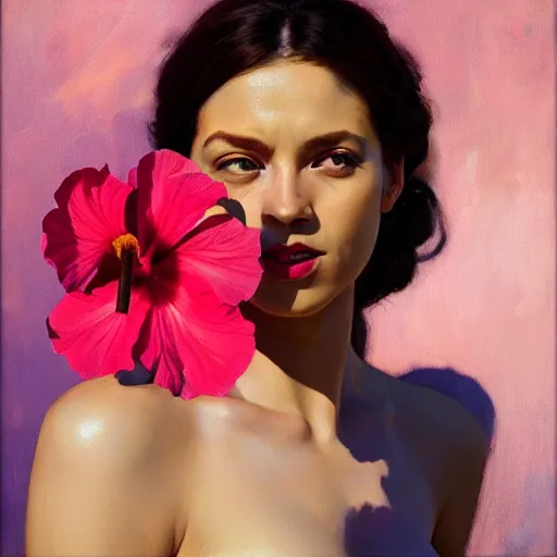 Prompt: greg manchess portrait of hibiscus with person head fantasy medium shot, asymmetrical, profile picture, organic painting, sunny day, matte painting, bold shapes, hard edges, street art, trending on artstation, by huang guangjian and gil elvgren and sachin teng
