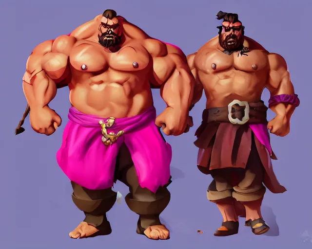 Image similar to sea of thieves character portrait concept art for a huge hulking muscular man wearing a bright pink outfit, cgsociety, trending on artstation, rare ltd,