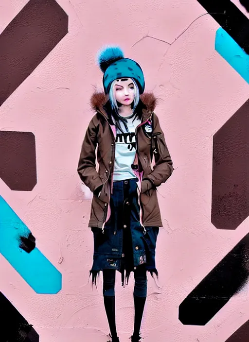 Image similar to highly detailed portrait of a street punk lady student, blue eyes, parka jacket, beanie hat, white hair by atey ghailan, by greg rutkowski, by greg tocchini, by james gilleard, by joe fenton, by kaethe butcher, gradient pink, black, brown and light blue color scheme, grunge aesthetic!!! ( ( graffiti tag wall background ) )