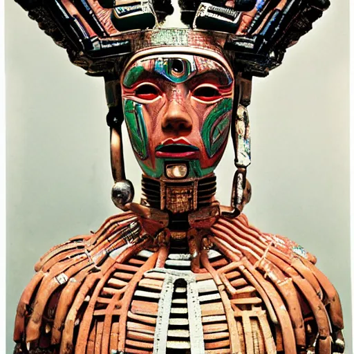 Prompt: A Mayan cyborg, portrait, by Nam June Paik, Man Ray, Annie Liebovitz